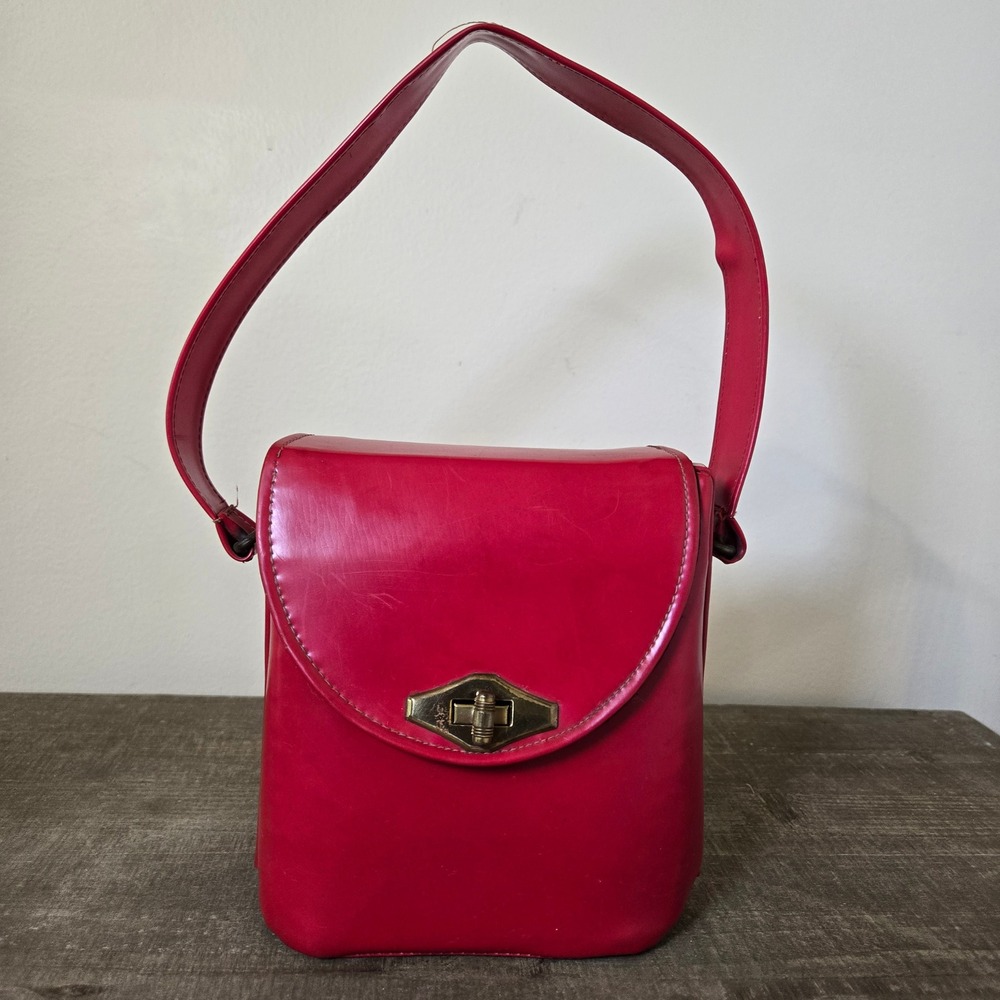 Vintage Red Faux Leather Box Handbag Brass Turn Lock Top Handle Bag Retro